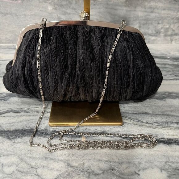 Neiman Marcus Ruched Black Evening Bag/Clutch W/ Long Silver Colored Metal Strap - Picture 9 of 9